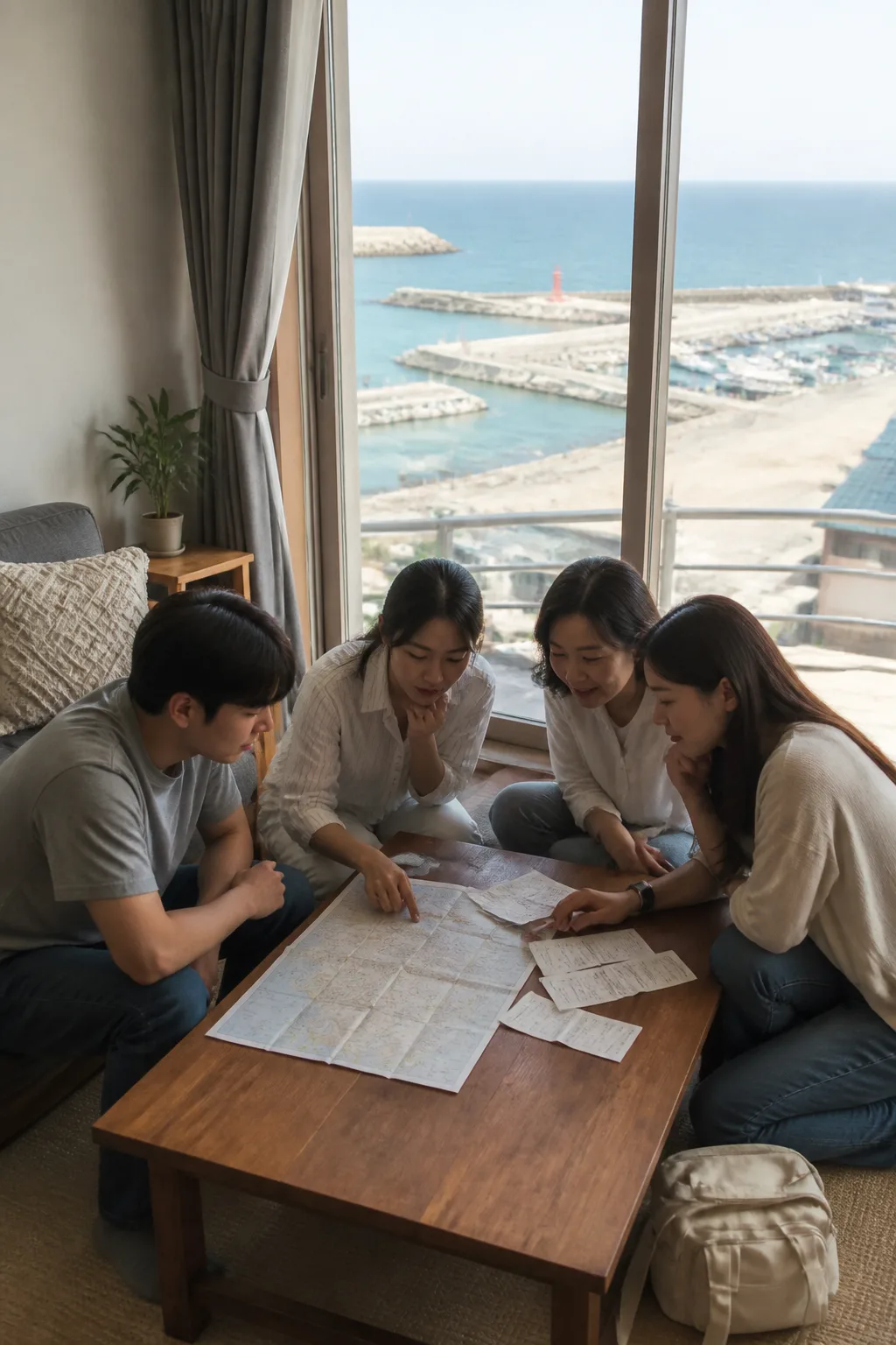 주문진 항구와 강릉 도심 이동 계획을 세우는 여행객들의 주문진숙소 내부 모습