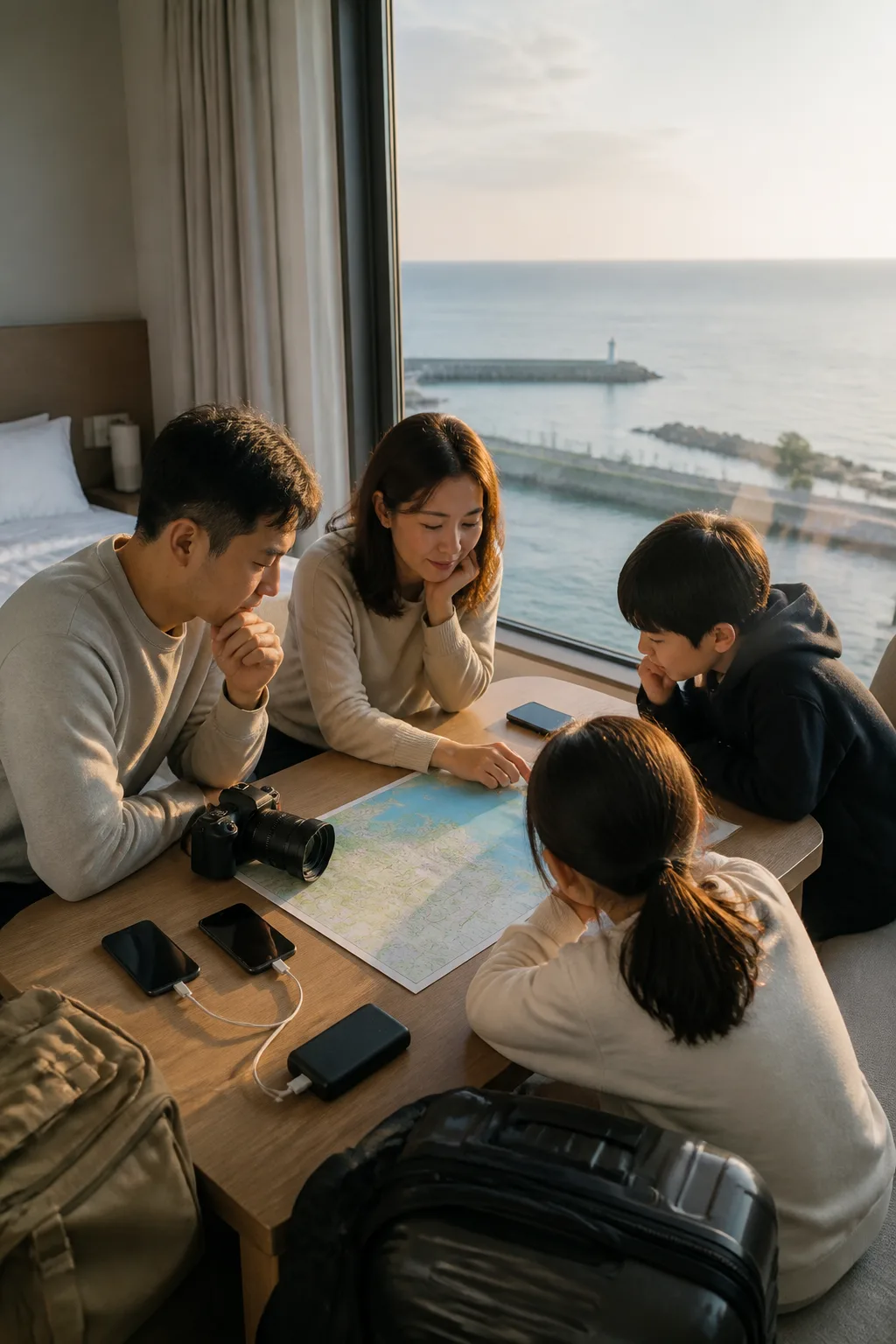 주문진숙소 객실에서 항구와 해변 일정을 확인하며 휴대폰과 카메라를 충전하는 여행객