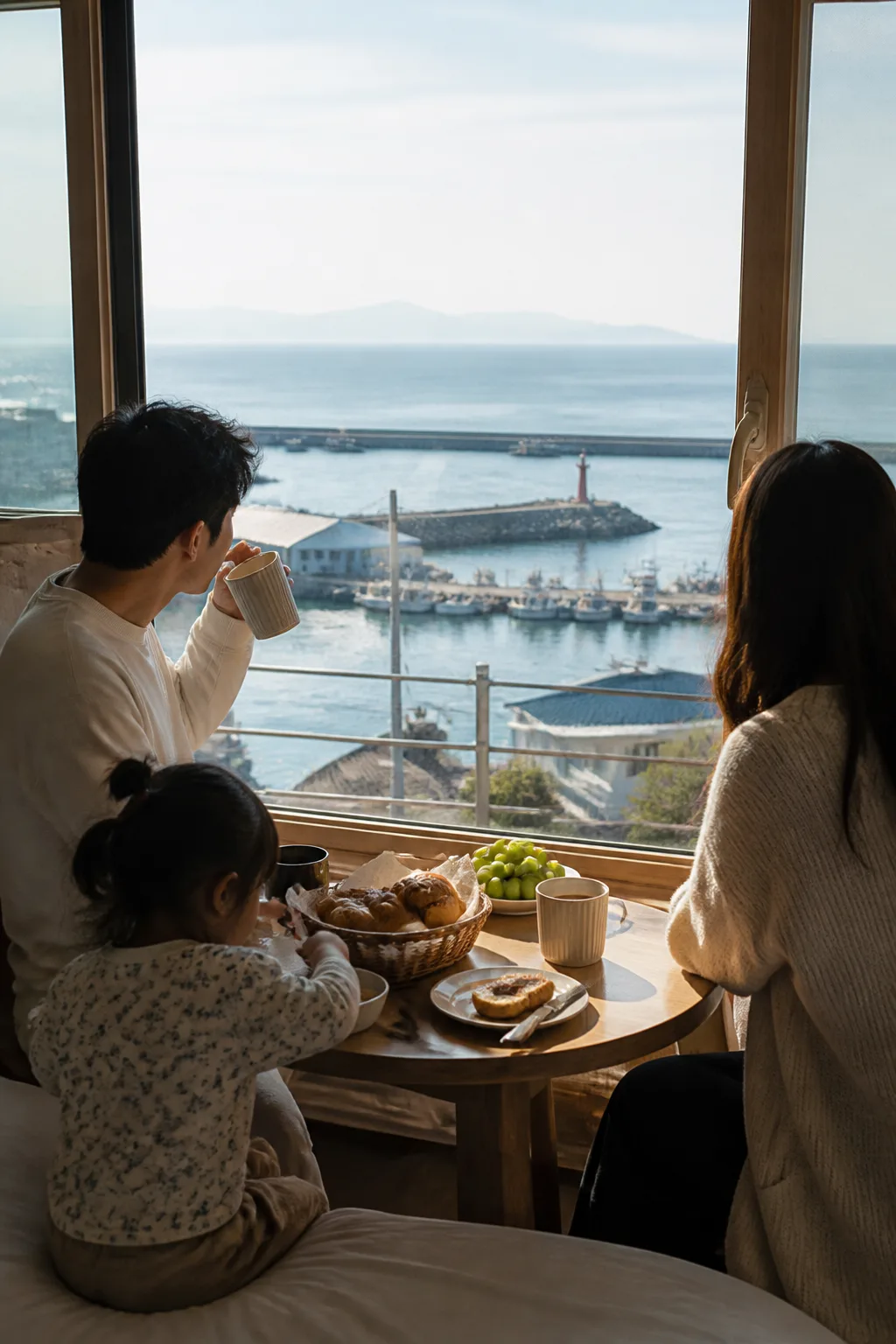 주문진숙소 객실에서 간단한 아침을 준비하며 항구와 바다 일정을 시작하는 여행 장면