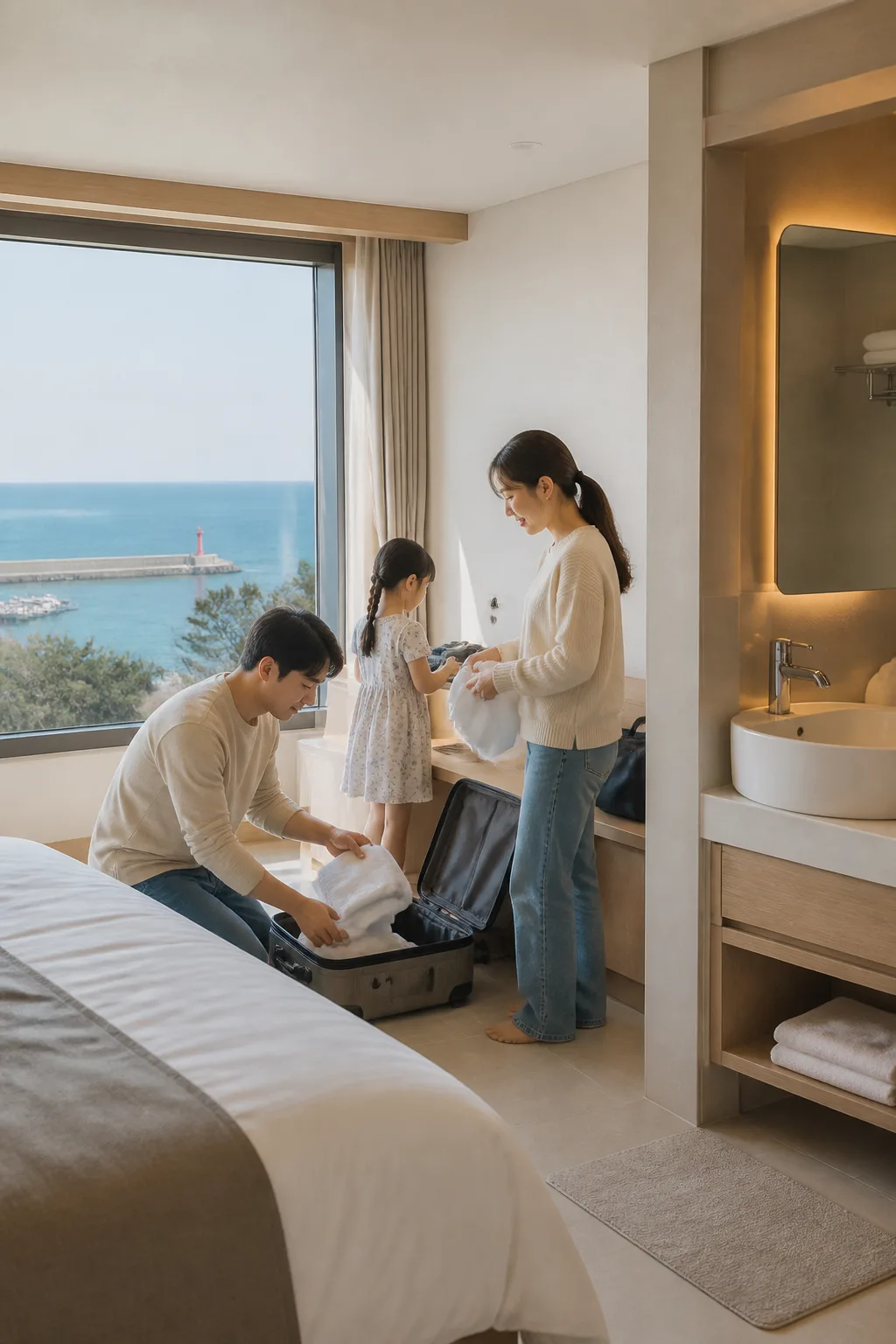 해변 산책 후 욕실과 세면 공간을 정리하는 주문진숙소 여행 장면