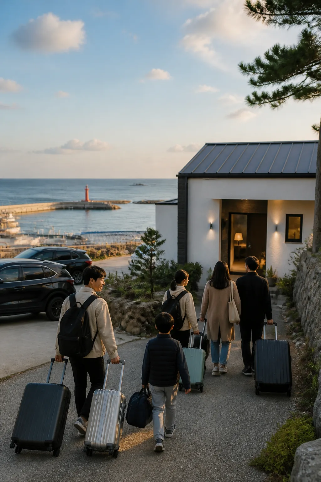 주문진 항구 여행을 마친 가족과 친구 일행이 주차된 차량 옆 숙소로 이동하는 모습