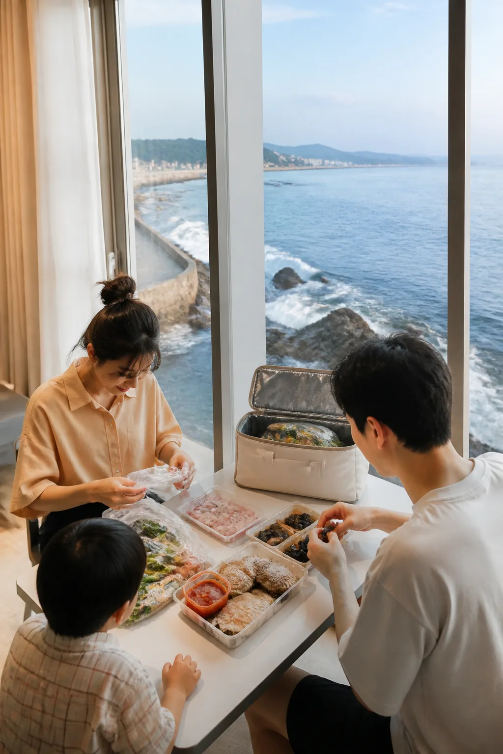 주문진 항구 포장 음식과 식재료를 숙소 테이블에 준비한 해안 여행 장면