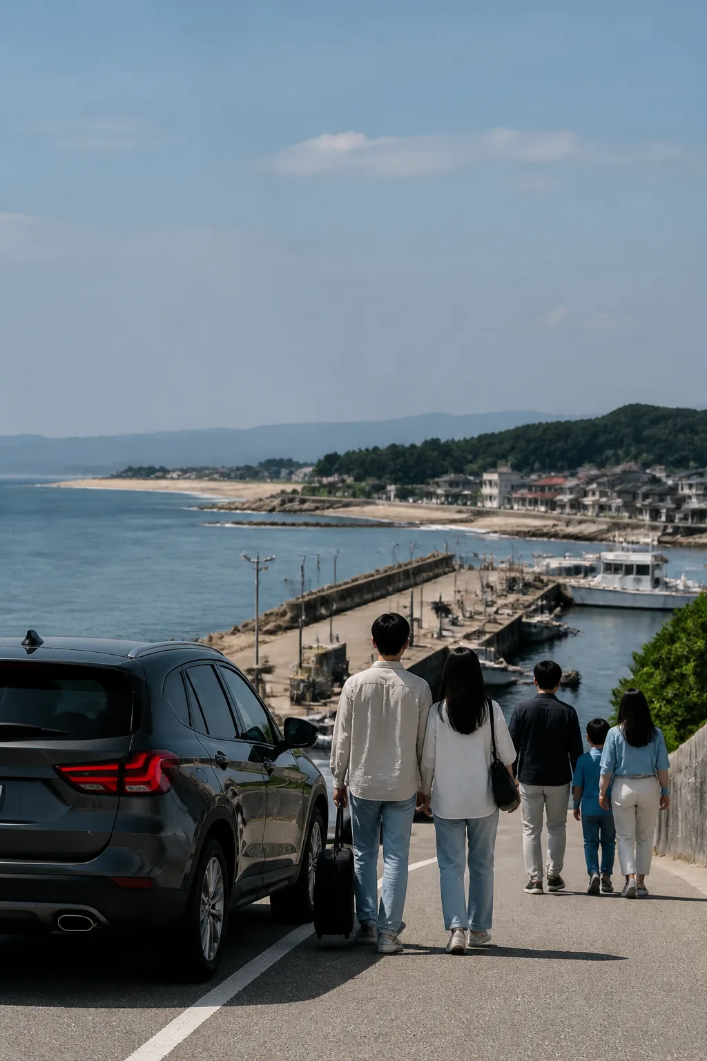 주문진숙소를 거점으로 차량을 주차하고 항구와 해변으로 이동하는 여행객