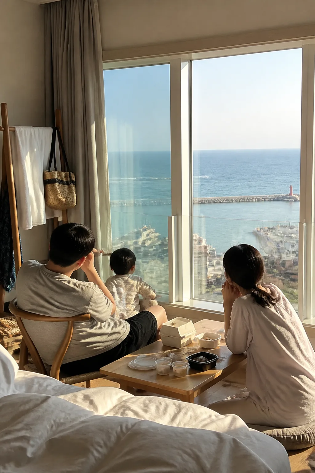 항구와 해변 여행 뒤 젖은 수건과 포장 음식을 정리한 주문진숙소 객실
