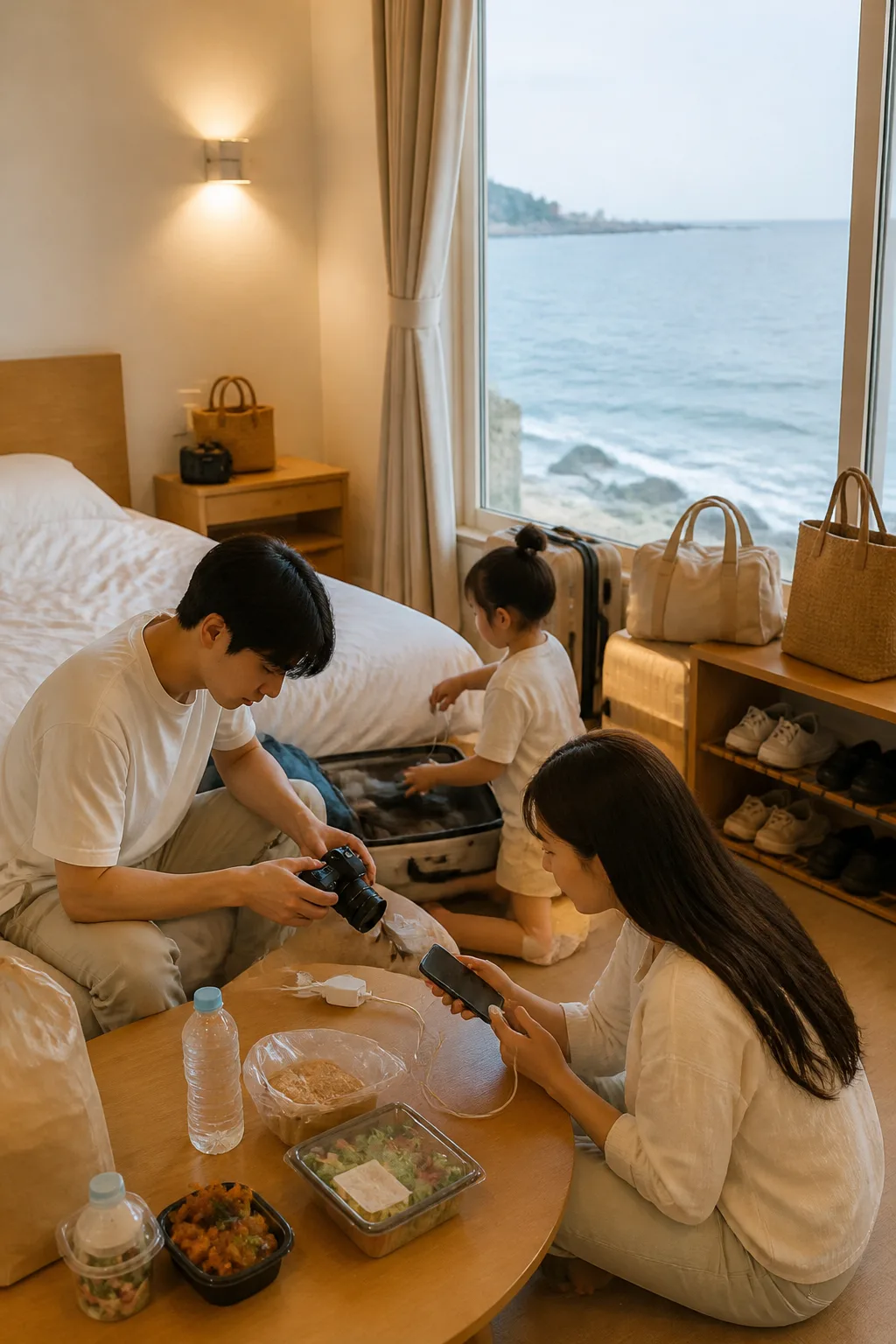 주문진숙소 객실에서 짐과 충전기, 외출용품을 정리하는 해안 여행 장면